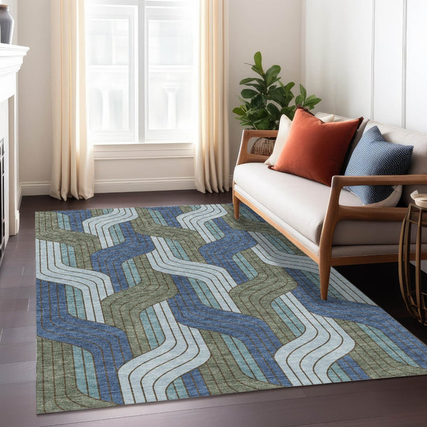 HomeRoots 5' Navy Blue, Sky Blue & Artichoke Green Striped Washable Area Rug for Indoor & Outdoor Use 691417