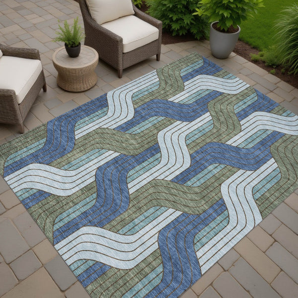 HomeRoots 5' Navy Blue, Sky Blue & Artichoke Green Striped Washable Area Rug for Indoor & Outdoor Use 691417