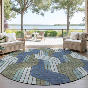 HomeRoots 8' Round Striped Washable Area Rug in Navy, Sky Blue & Artichoke Green – Durable, Stylish & Easy-Clean! 691418