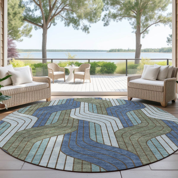 HomeRoots 8' Round Striped Washable Area Rug in Navy, Sky Blue & Artichoke Green – Durable, Stylish & Easy-Clean! 691418