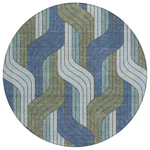 HomeRoots 8' Round Striped Washable Area Rug in Navy, Sky Blue & Artichoke Green – Durable, Stylish & Easy-Clean! 691418