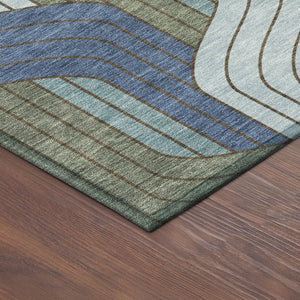 HomeRoots 8' Round Striped Washable Area Rug in Navy, Sky Blue & Artichoke Green – Durable, Stylish & Easy-Clean! 691418