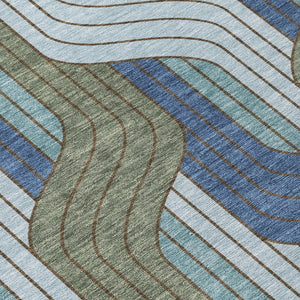HomeRoots 8' Round Striped Washable Area Rug in Navy, Sky Blue & Artichoke Green – Durable, Stylish & Easy-Clean! 691418