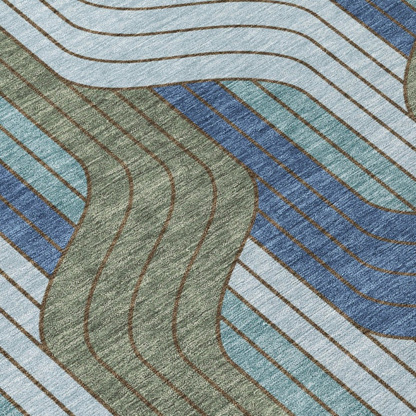HomeRoots 8' Round Striped Washable Area Rug in Navy, Sky Blue & Artichoke Green – Durable, Stylish & Easy-Clean! 691418