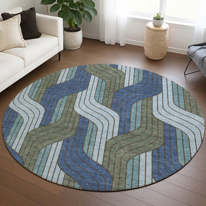 HomeRoots 8' Round Striped Washable Area Rug in Navy, Sky Blue & Artichoke Green – Durable, Stylish & Easy-Clean! 691418
