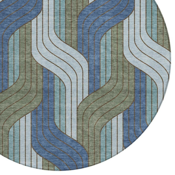 HomeRoots 8' Round Striped Washable Area Rug in Navy, Sky Blue & Artichoke Green – Durable, Stylish & Easy-Clean! 691418