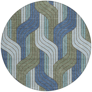 HomeRoots 8' Round Striped Washable Area Rug in Navy, Sky Blue & Artichoke Green – Durable, Stylish & Easy-Clean! 691418