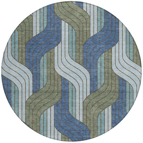 HomeRoots 8' Round Striped Washable Area Rug in Navy, Sky Blue & Artichoke Green – Durable, Stylish & Easy-Clean! 691418