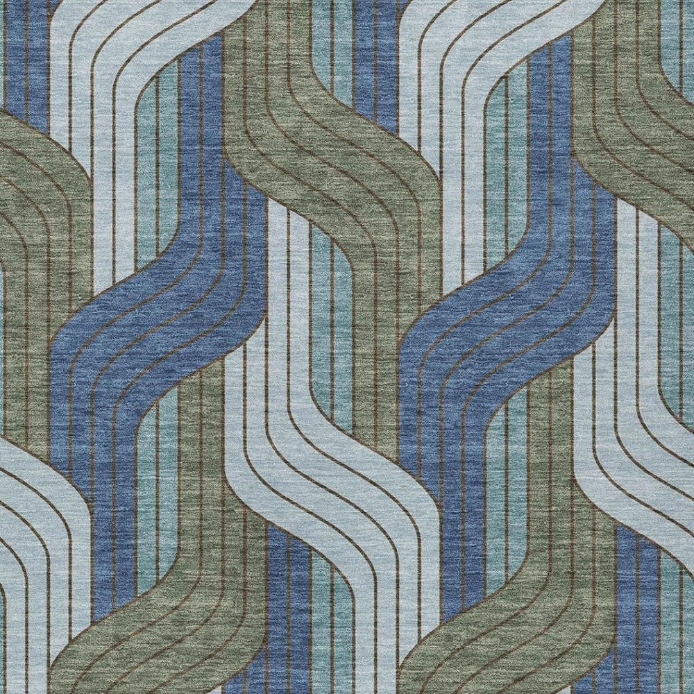 HomeRoots 8' X 10' Striped Indoor Outdoor Area Rug in Navy Blue, Sky Blue & Artichoke Green – Durable & Washable! 691419