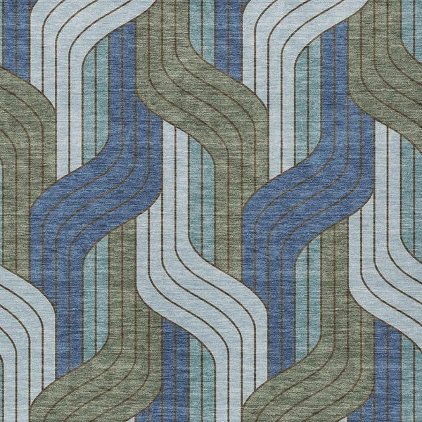 HomeRoots 8' X 10' Striped Indoor Outdoor Area Rug in Navy Blue, Sky Blue & Artichoke Green – Durable & Washable! 691419
