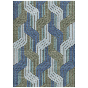 HomeRoots 10' Striped Washable Area Rug in Navy Blue, Sky Blue & Artichoke Green - Perfect for Indoor/Outdoor Use! 691421