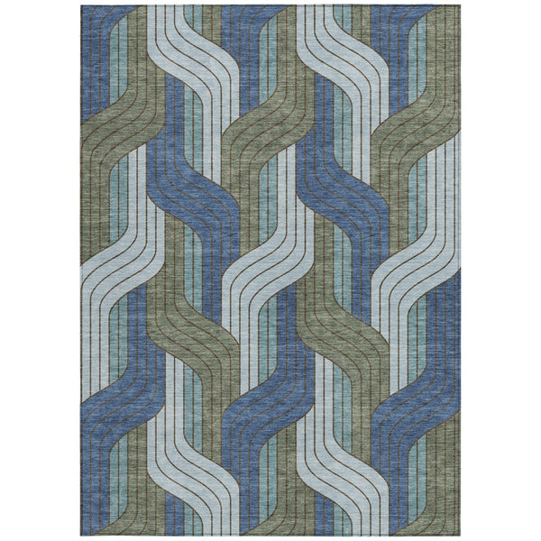 HomeRoots 10' Striped Washable Area Rug in Navy Blue, Sky Blue & Artichoke Green - Perfect for Indoor/Outdoor Use! 691421