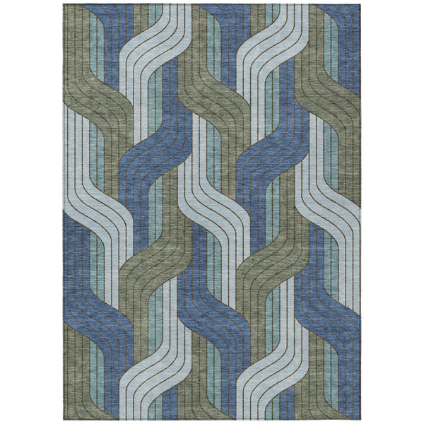HomeRoots 10' Striped Washable Area Rug in Navy Blue, Sky Blue & Artichoke Green - Perfect for Indoor/Outdoor Use! 691421