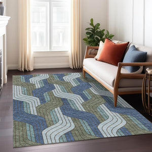HomeRoots 10' Striped Washable Area Rug in Navy Blue, Sky Blue & Artichoke Green - Perfect for Indoor/Outdoor Use! 691421
