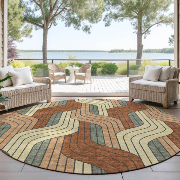 HomeRoots 8' Round Striped Area Rug in Warm Rust & Wheat – Durable, Washable Indoor/Outdoor Style for Any Space 691424