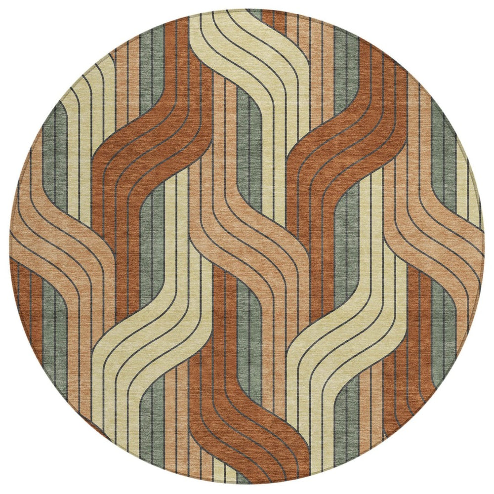 HomeRoots 8' Round Striped Area Rug in Warm Rust & Wheat – Durable, Washable Indoor/Outdoor Style for Any Space 691424