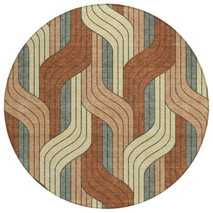 HomeRoots 8' Round Striped Area Rug in Warm Rust & Wheat – Durable, Washable Indoor/Outdoor Style for Any Space 691424