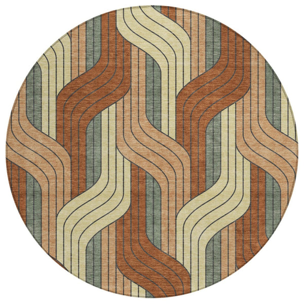 HomeRoots 8' Round Striped Area Rug in Warm Rust & Wheat – Durable, Washable Indoor/Outdoor Style for Any Space 691424