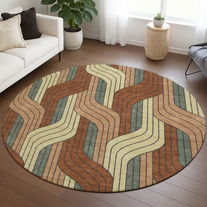 HomeRoots 8' Round Striped Area Rug in Warm Rust & Wheat – Durable, Washable Indoor/Outdoor Style for Any Space 691424