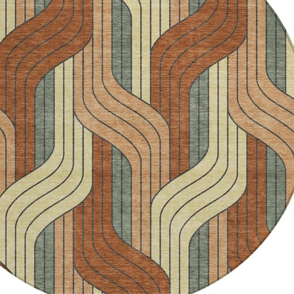 HomeRoots 8' Round Striped Area Rug in Warm Rust & Wheat – Durable, Washable Indoor/Outdoor Style for Any Space 691424