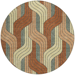 HomeRoots 8' Round Striped Area Rug in Warm Rust & Wheat – Durable, Washable Indoor/Outdoor Style for Any Space 691424