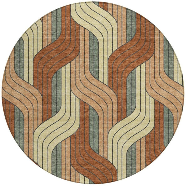 HomeRoots 8' Round Striped Area Rug in Warm Rust & Wheat – Durable, Washable Indoor/Outdoor Style for Any Space 691424