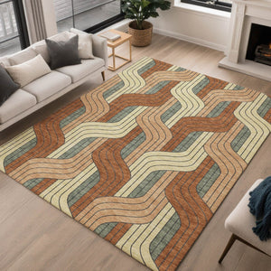 HomeRoots 8' X 10' Washable Rust Orange & Wheat Striped Area Rug - Durable, Stain-Resistant for Indoor/Outdoor Use 691425
