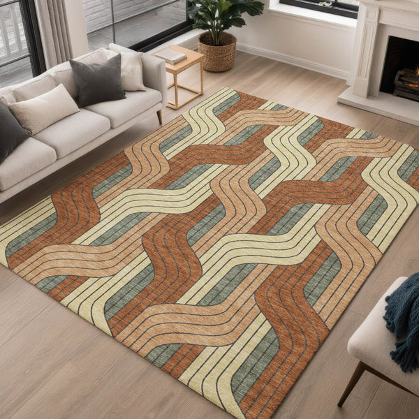 HomeRoots 8' X 10' Washable Rust Orange & Wheat Striped Area Rug - Durable, Stain-Resistant for Indoor/Outdoor Use 691425