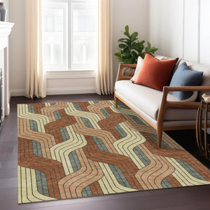 HomeRoots 8' X 10' Washable Rust Orange & Wheat Striped Area Rug - Durable, Stain-Resistant for Indoor/Outdoor Use 691425