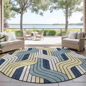 HomeRoots 8' Teal Blue Round Striped Washable Area Rug – Durable Indoor/Outdoor Design for High-Traffic Spaces 691430