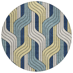 HomeRoots 8' Teal Blue Round Striped Washable Area Rug – Durable Indoor/Outdoor Design for High-Traffic Spaces 691430