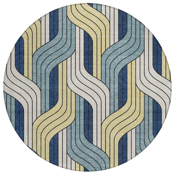 HomeRoots 8' Teal Blue Round Striped Washable Area Rug – Durable Indoor/Outdoor Design for High-Traffic Spaces 691430