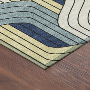 HomeRoots 8' Teal Blue Round Striped Washable Area Rug – Durable Indoor/Outdoor Design for High-Traffic Spaces 691430