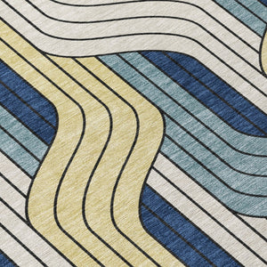 HomeRoots 8' Teal Blue Round Striped Washable Area Rug – Durable Indoor/Outdoor Design for High-Traffic Spaces 691430