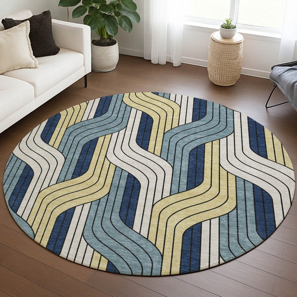 HomeRoots 8' Teal Blue Round Striped Washable Area Rug – Durable Indoor/Outdoor Design for High-Traffic Spaces 691430