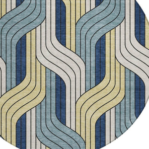 HomeRoots 8' Teal Blue Round Striped Washable Area Rug – Durable Indoor/Outdoor Design for High-Traffic Spaces 691430