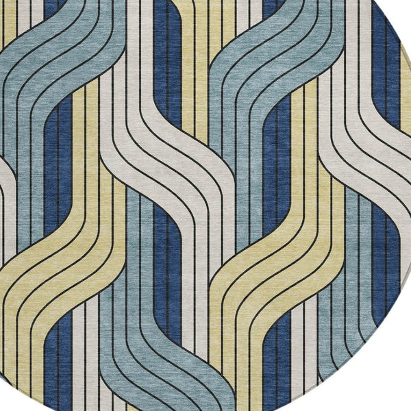 HomeRoots 8' Teal Blue Round Striped Washable Area Rug – Durable Indoor/Outdoor Design for High-Traffic Spaces 691430