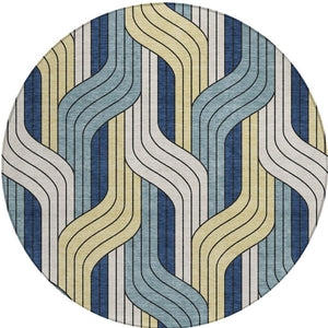 HomeRoots 8' Teal Blue Round Striped Washable Area Rug – Durable Indoor/Outdoor Design for High-Traffic Spaces 691430