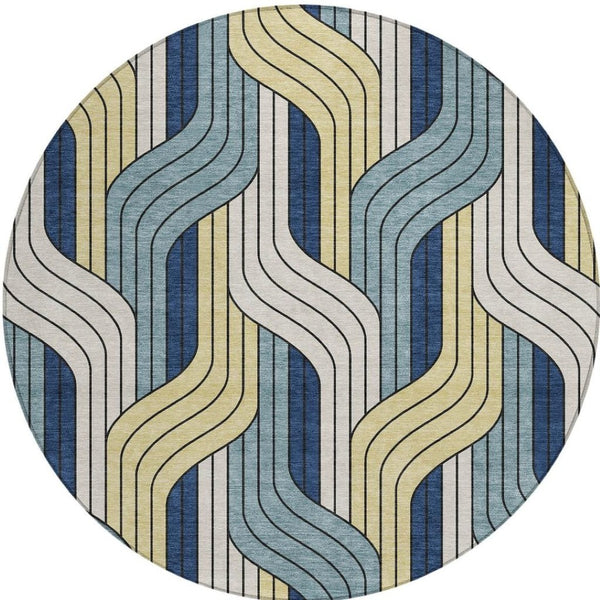 HomeRoots 8' Teal Blue Round Striped Washable Area Rug – Durable Indoor/Outdoor Design for High-Traffic Spaces 691430