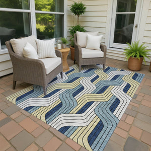 HomeRoots 10' Teal Blue Striped Washable Area Rug - Durable Indoor/Outdoor Floor Covering for High Traffic Areas 691433