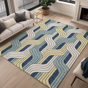 HomeRoots 10' Teal Blue Striped Washable Area Rug - Durable Indoor/Outdoor Floor Covering for High Traffic Areas 691433