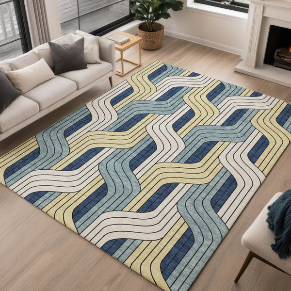 HomeRoots 10' Teal Blue Striped Washable Area Rug - Durable Indoor/Outdoor Floor Covering for High Traffic Areas 691433