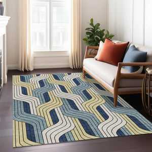 HomeRoots 10' Teal Blue Striped Washable Area Rug - Durable Indoor/Outdoor Floor Covering for High Traffic Areas 691433