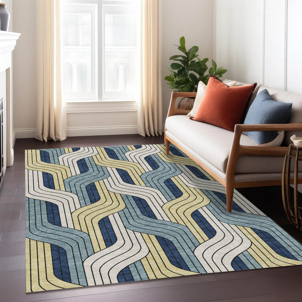 HomeRoots 10' Teal Blue Striped Washable Area Rug - Durable Indoor/Outdoor Floor Covering for High Traffic Areas 691433