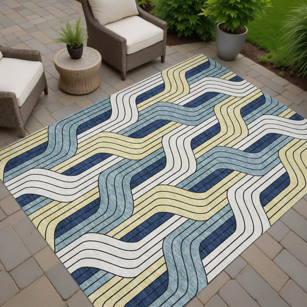HomeRoots 10' Teal Blue Striped Washable Area Rug - Durable Indoor/Outdoor Floor Covering for High Traffic Areas 691433