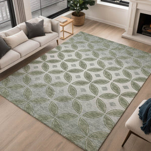 HomeRoots 5' X 8' Artichoke Green Geometric Area Rug - Washable, Stain-Resistant for Indoor & Outdoor Use! 691435