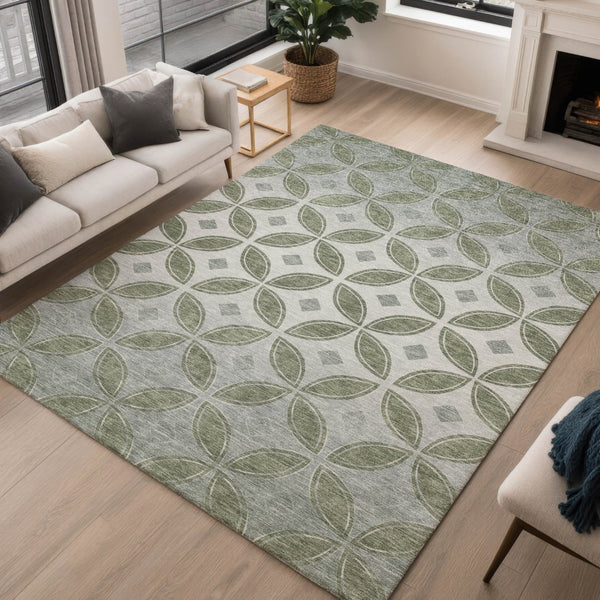 HomeRoots 5' X 8' Artichoke Green Geometric Area Rug - Washable, Stain-Resistant for Indoor & Outdoor Use! 691435