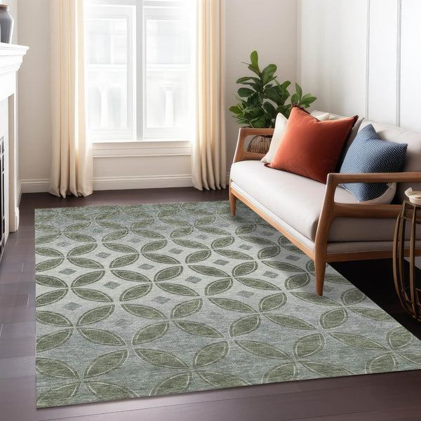 HomeRoots 5' X 8' Artichoke Green Geometric Area Rug - Washable, Stain-Resistant for Indoor & Outdoor Use! 691435