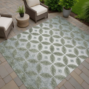 HomeRoots 5' X 8' Artichoke Green Geometric Area Rug - Washable, Stain-Resistant for Indoor & Outdoor Use! 691435