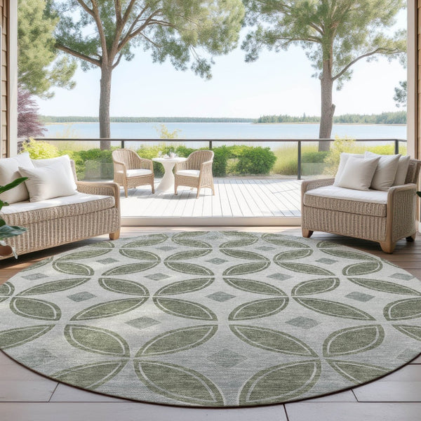 HomeRoots 8' Artichoke Green & Ivory Geometric Indoor/Outdoor Rug - Washable, Durable, Stylish & Versatile! 691436
